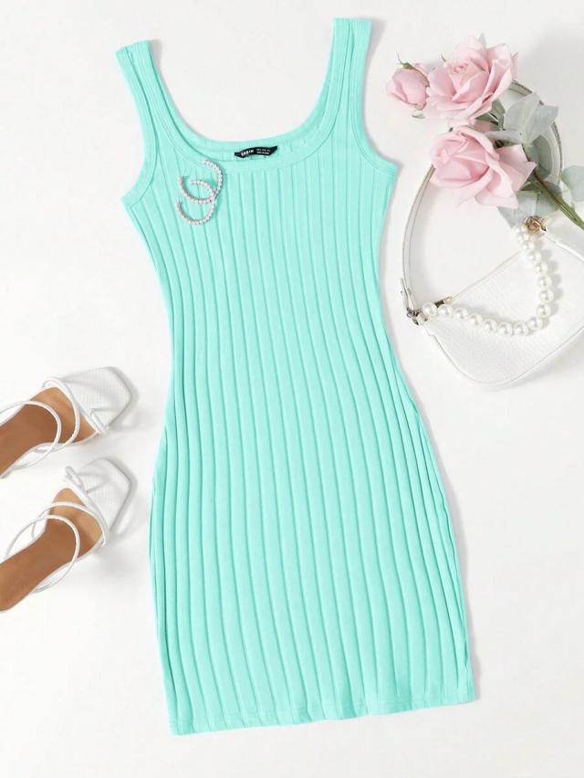 solid mint green rib-knit sleeveless mini dress