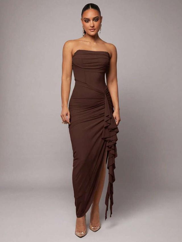 dark brown strapless bodycon dress with side ruffle
