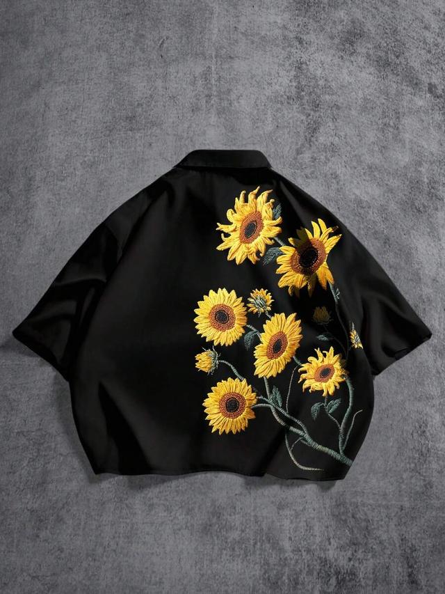 black boxy cropped black shirt with sunflower embroidery