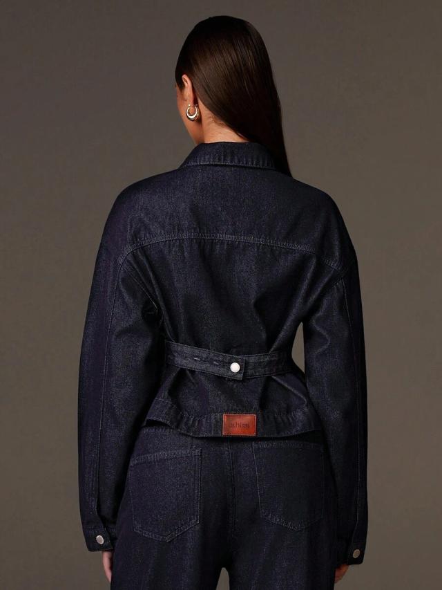 raw denim cinched waist jacket with button closure
