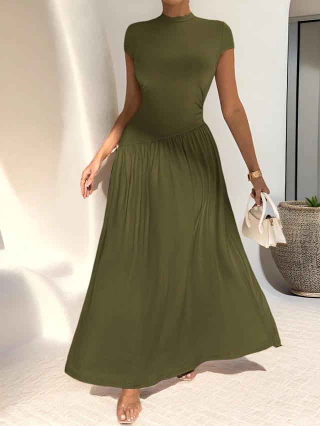 olive green minimalist short sleeve asymmetric a-line dress