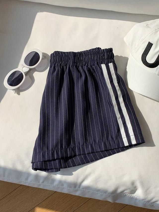 navy pinstripe casual elastic waist shorts