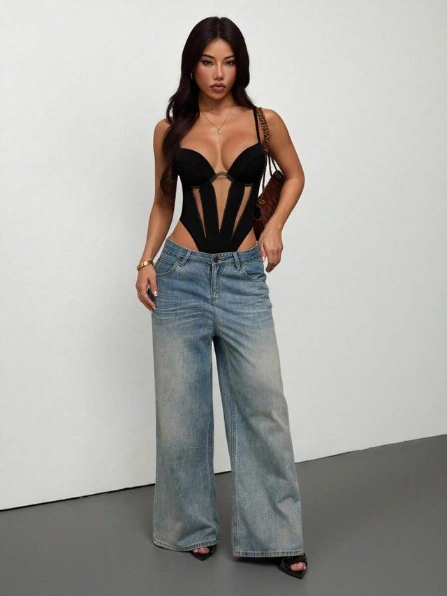black mesh panel corset style camisole bodysuit