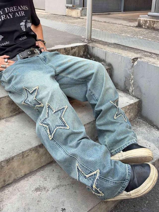 vintage wash loose fit star patch denim jeans
