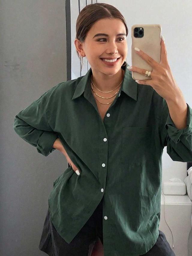 dark green casual dropped shoulder long sleeve shirt