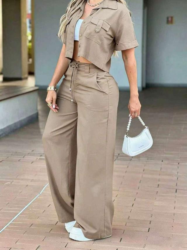 solid color casual lapel button-up top and trousers set