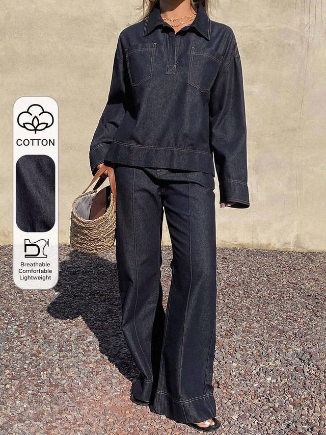 dazy women's casual denim shirt and relaxed trousers set