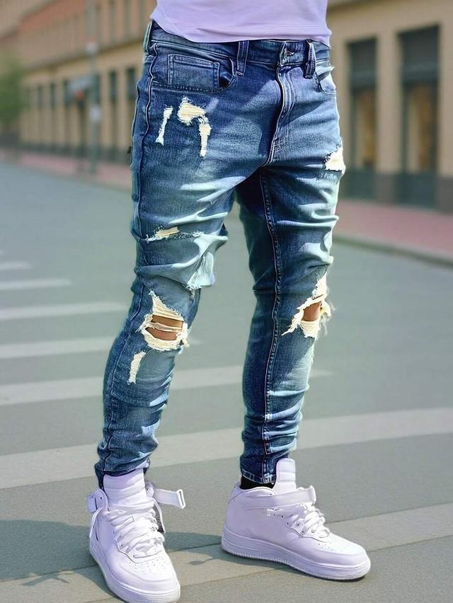 men's slim fit light blue ripped stretch jeans