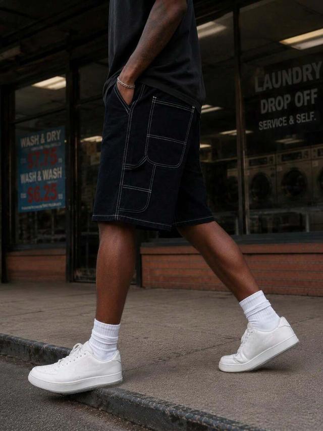 black contrast stitching cargo denim shorts