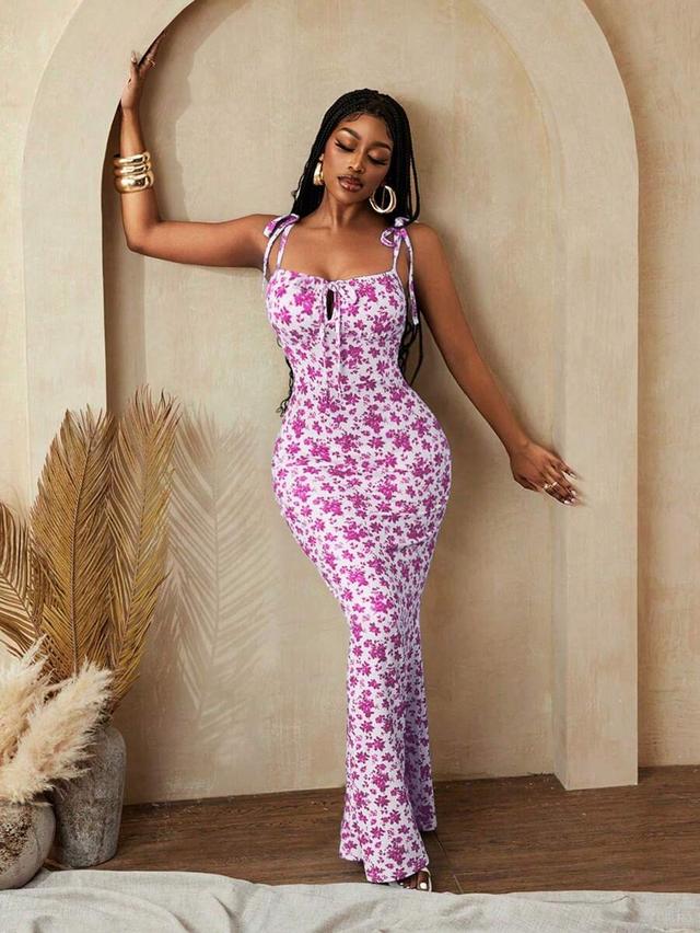 floral print bodycon maxi dress with tie straps