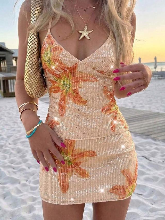 beige floral sequin embellished mini mermaid dress