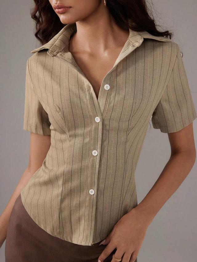 beige pinstripe short sleeve button-up blouse