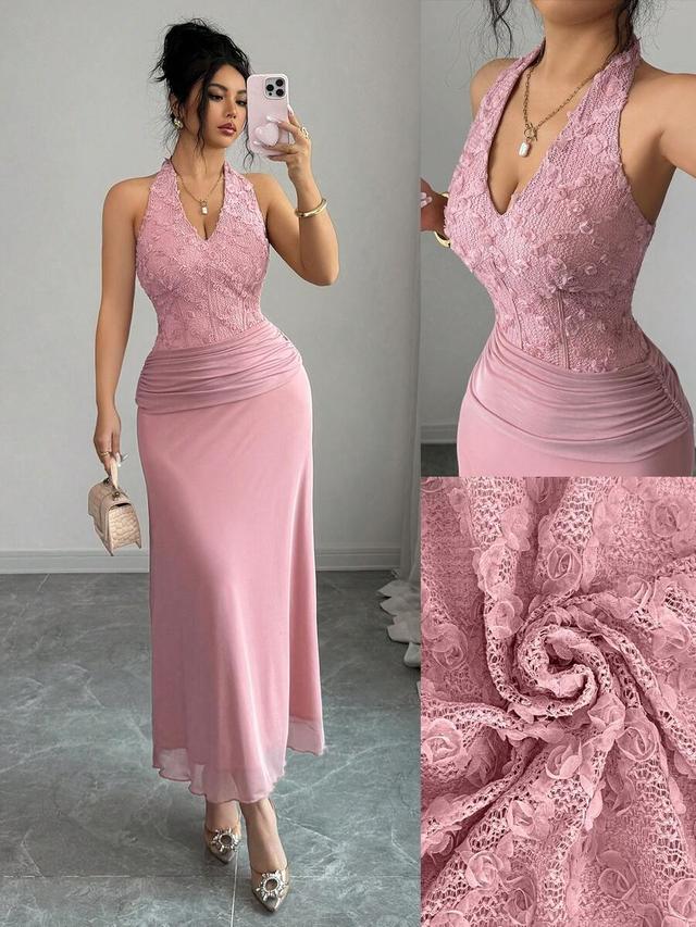 elegant rose jacquard mesh patchwork halter midi dress