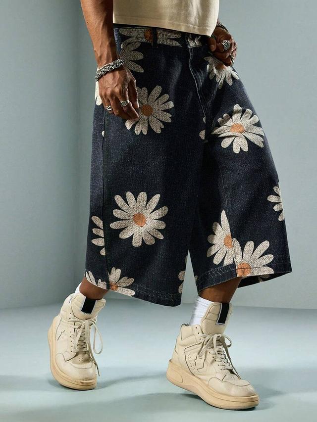 casual men's chamomile print denim shorts