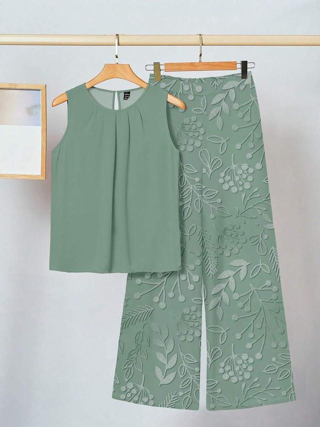 sage green sleeveless pleated round neck blouse