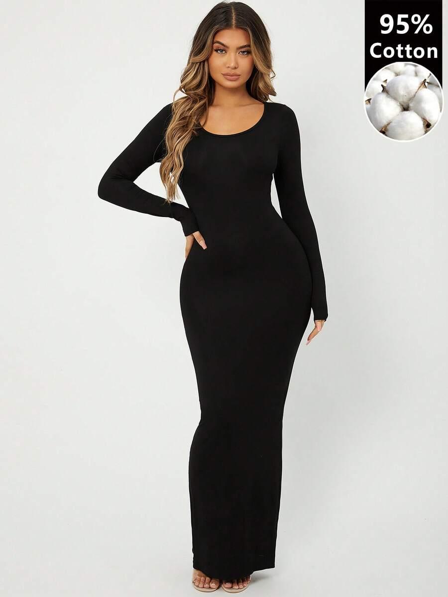 radiana black knit long sleeve slim fit dress