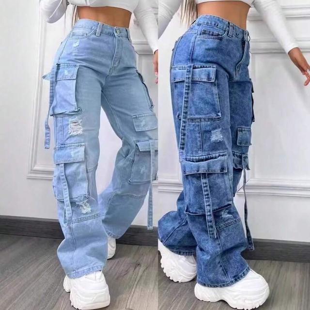 dark blue high waisted loose fitting multi pocket denim cargo pants
