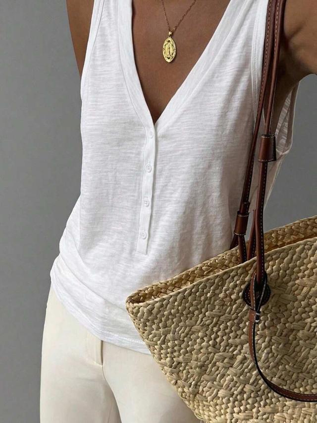 white cotton v-neck button-front tank top