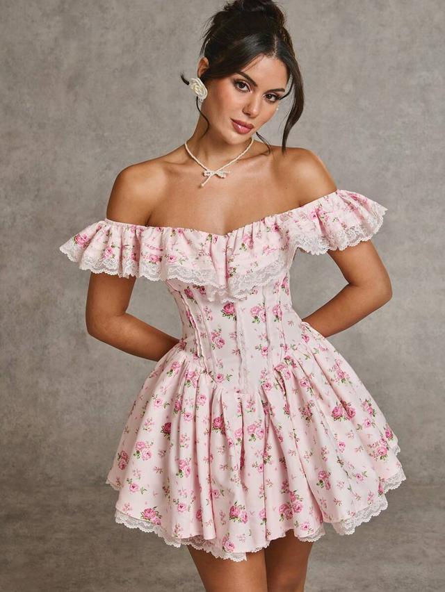 pink floral off-shoulder ruffled lace patchwork dress