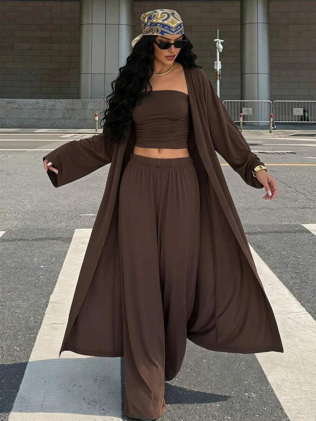 brown vintage open shoulder tube top and wide leg pants set