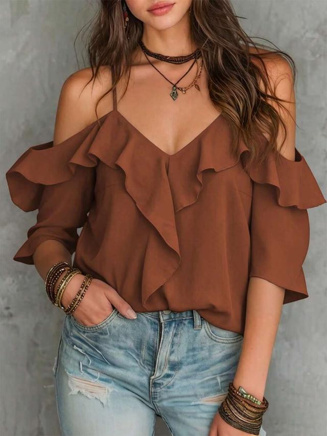 solid color cold shoulder ruffle loose blouse