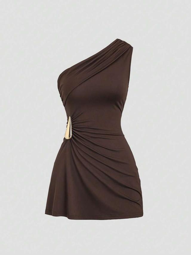 brown asymmetric neck ruched waist mini dress
