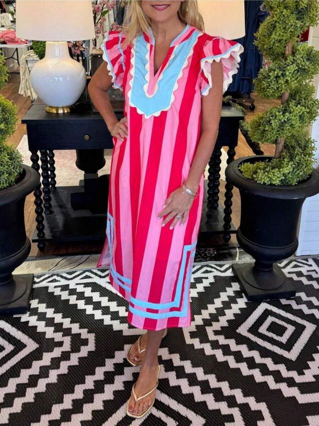 pink and red striped cotton midi dress