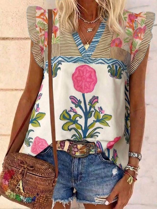 v-neck cap sleeve floral print ruffle hem shirt