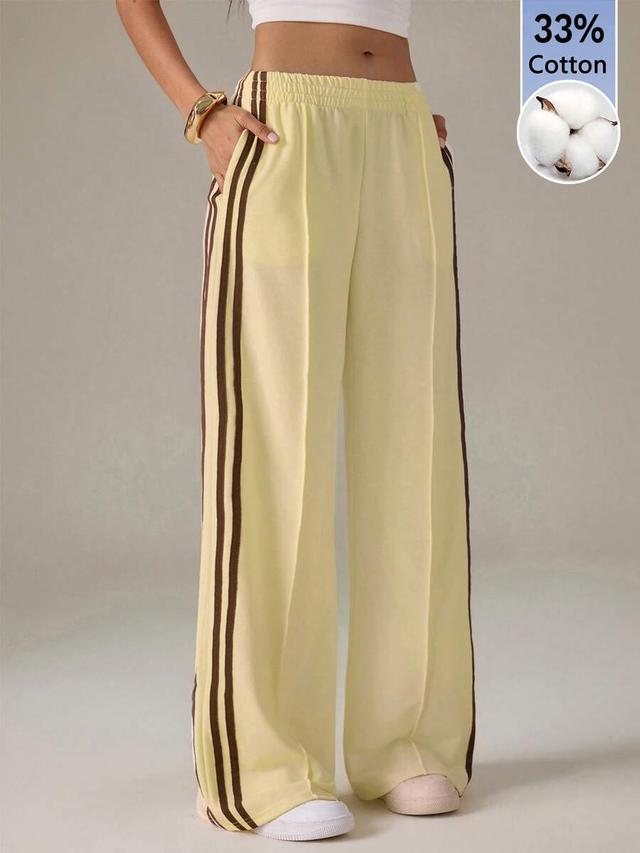 cream yellow striped wide leg casual sweatpants