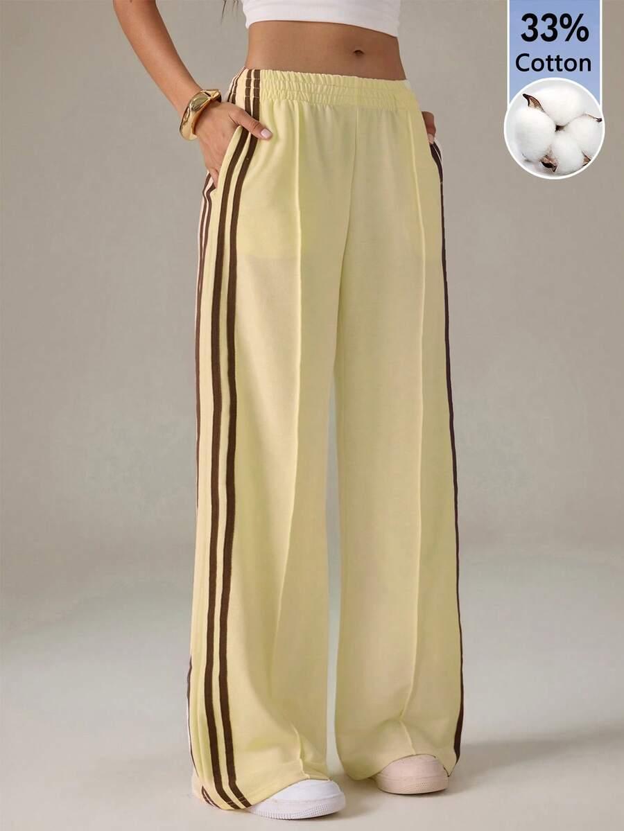 cream yellow striped wide leg casual sweatpants