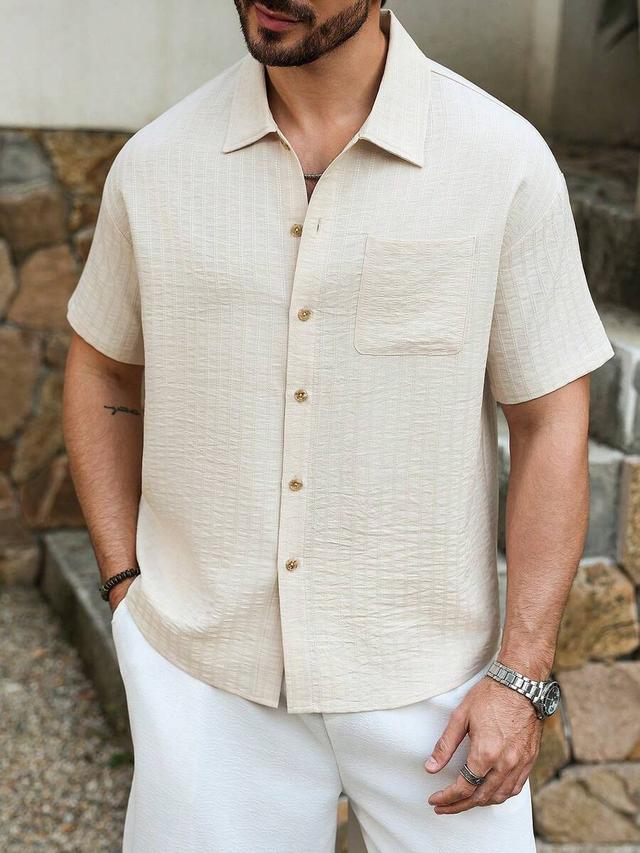 light beige textured short sleeve cuban shirt
