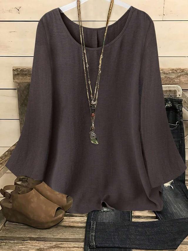 casual solid color round neck flared cuff shirt