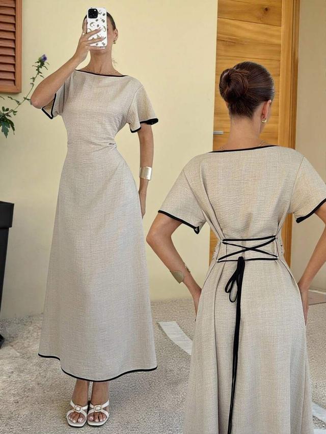 beige linen a-line tea party dress with contrast trim