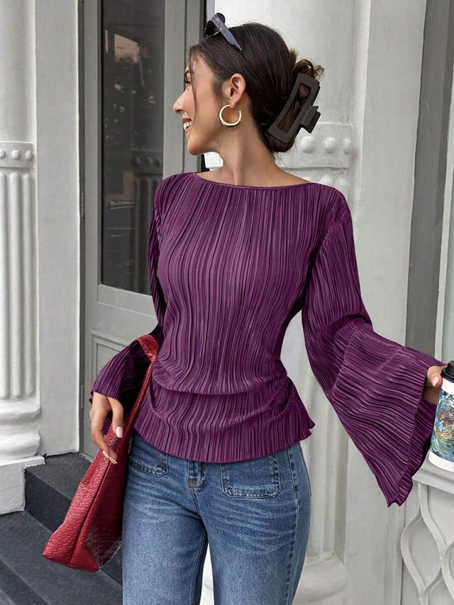 purple pleated wide round neck flare sleeve blouse