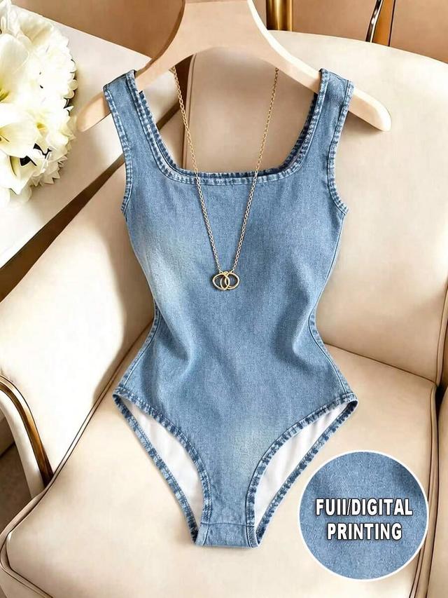 denim print square neck sleeveless bodysuit