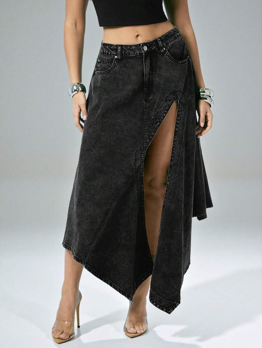 black acid wash denim midi skirt with front slit
