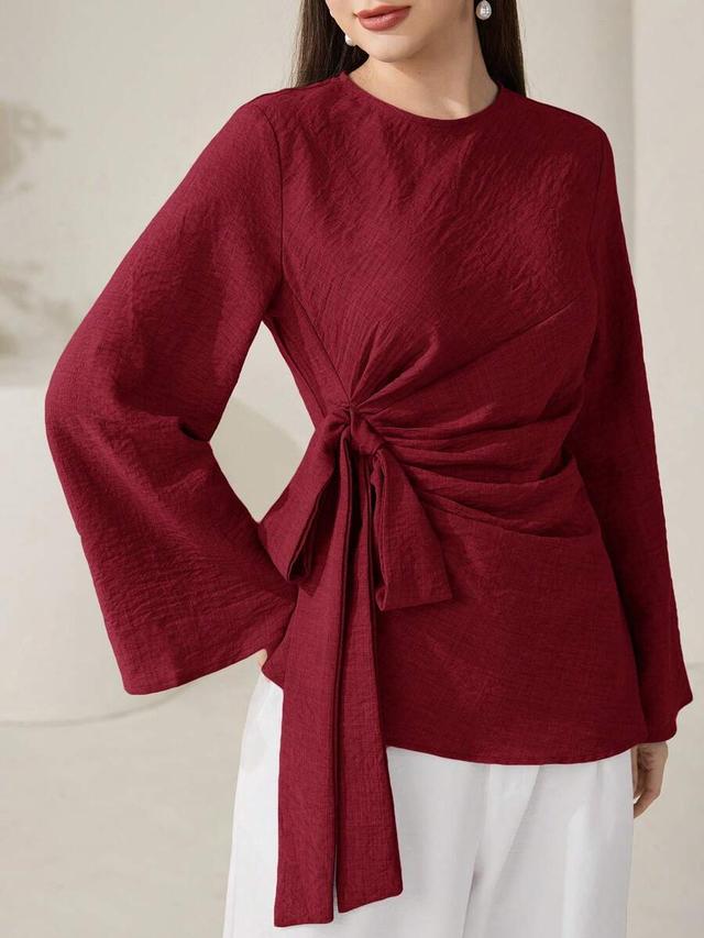 burgundy textured long sleeve tie waist blouse