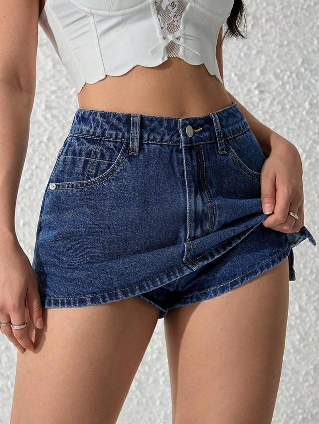 casual versatile denim skort with pockets