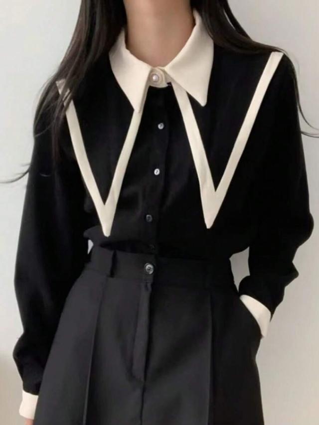 contrast color pointed collar long sleeve button-up shirt