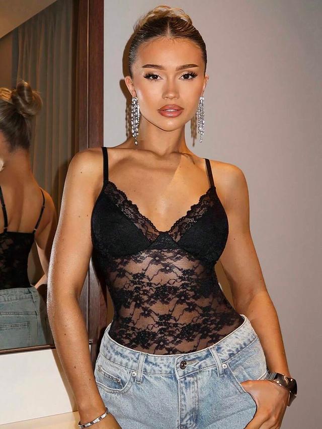 black lace low cut spaghetti strap bodysuit
