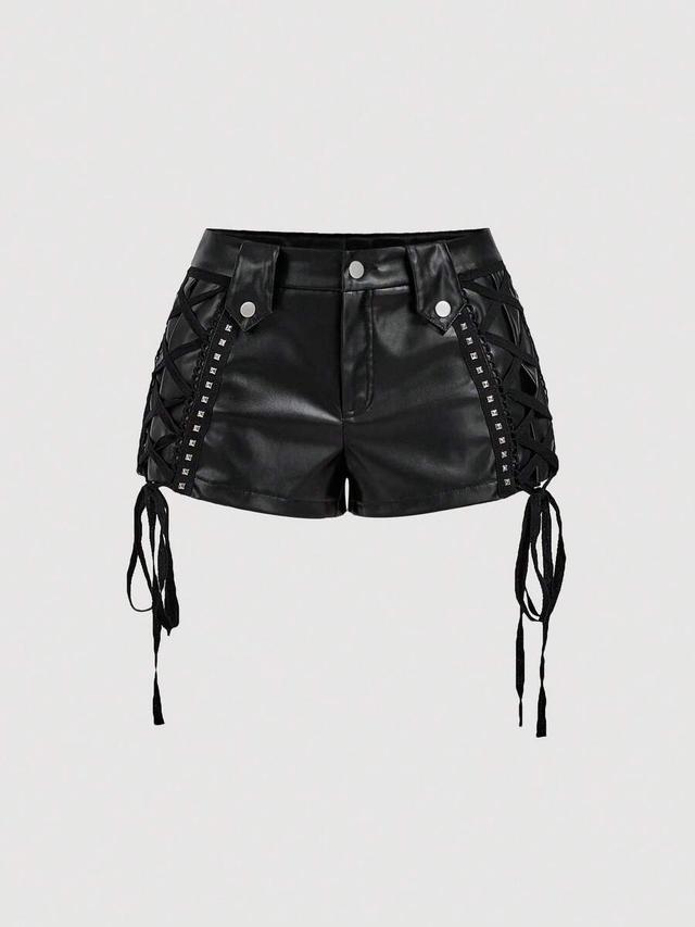 black faux leather shorts with lace-up side detail