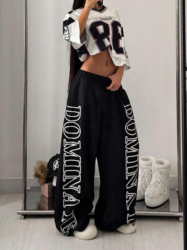 black wide leg elastic waist letter print pants
