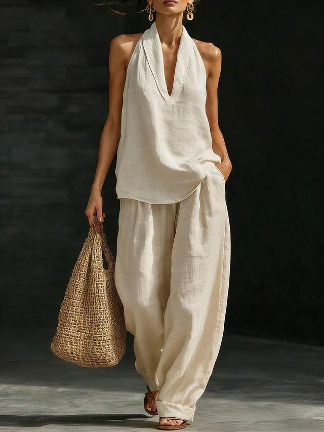 casual urban style white linen v-neck sleeveless top