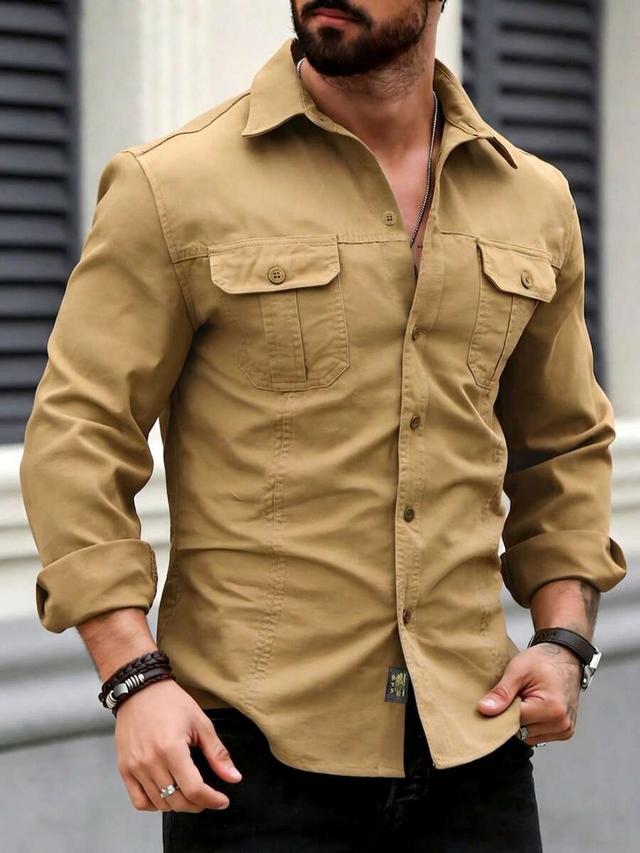 men's solid color military style slim fit button-down shirt