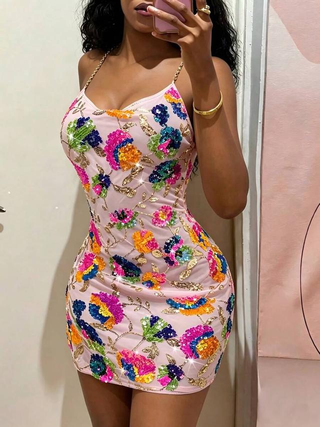 pink floral sequin embellished mini dress