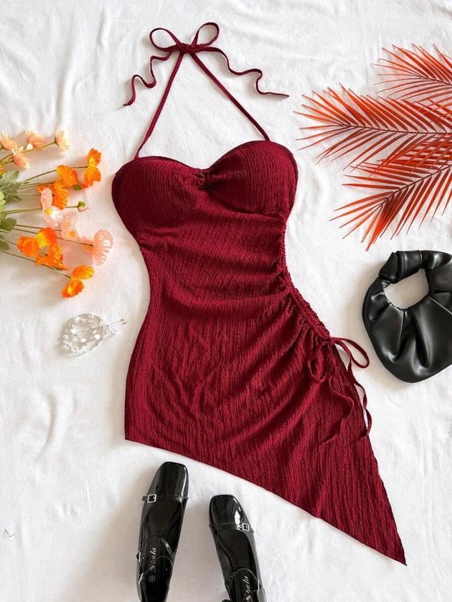 burgundy textured halter tie up asymmetrical hem dress