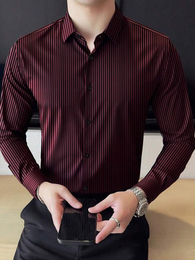 men's burgundy stripe print long sleeve button-up shirt