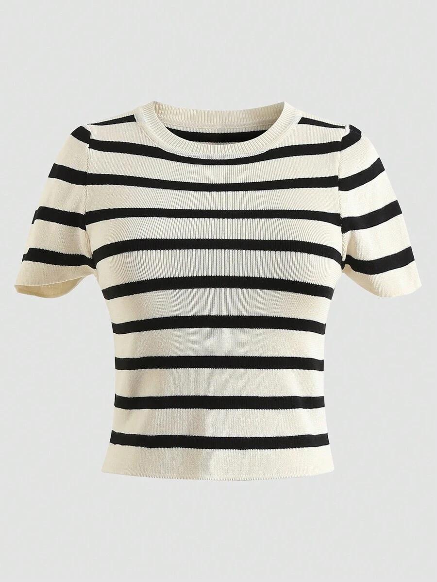 women's summer striped short sleeve casual knit cropped t-shirt