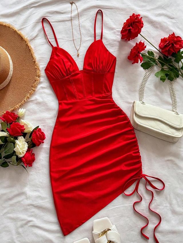 red ruched asymmetric hem mini cami dress