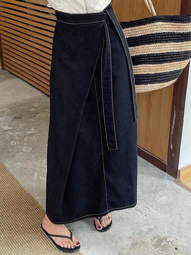 dazy women's tie waist casual long denim skirt
